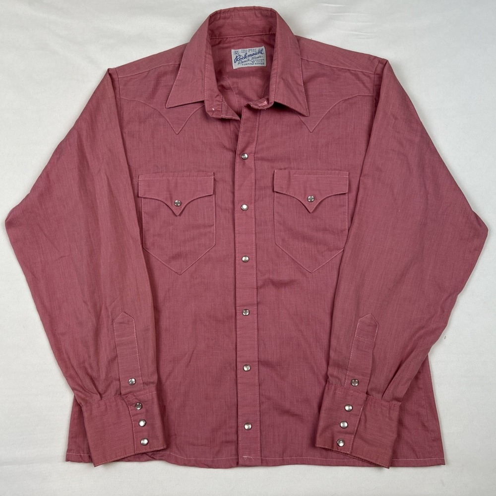 VTG Rockmount Shirt Ranch Wear Pearl Snap Western Red USA Mens Sz S/M Chambray